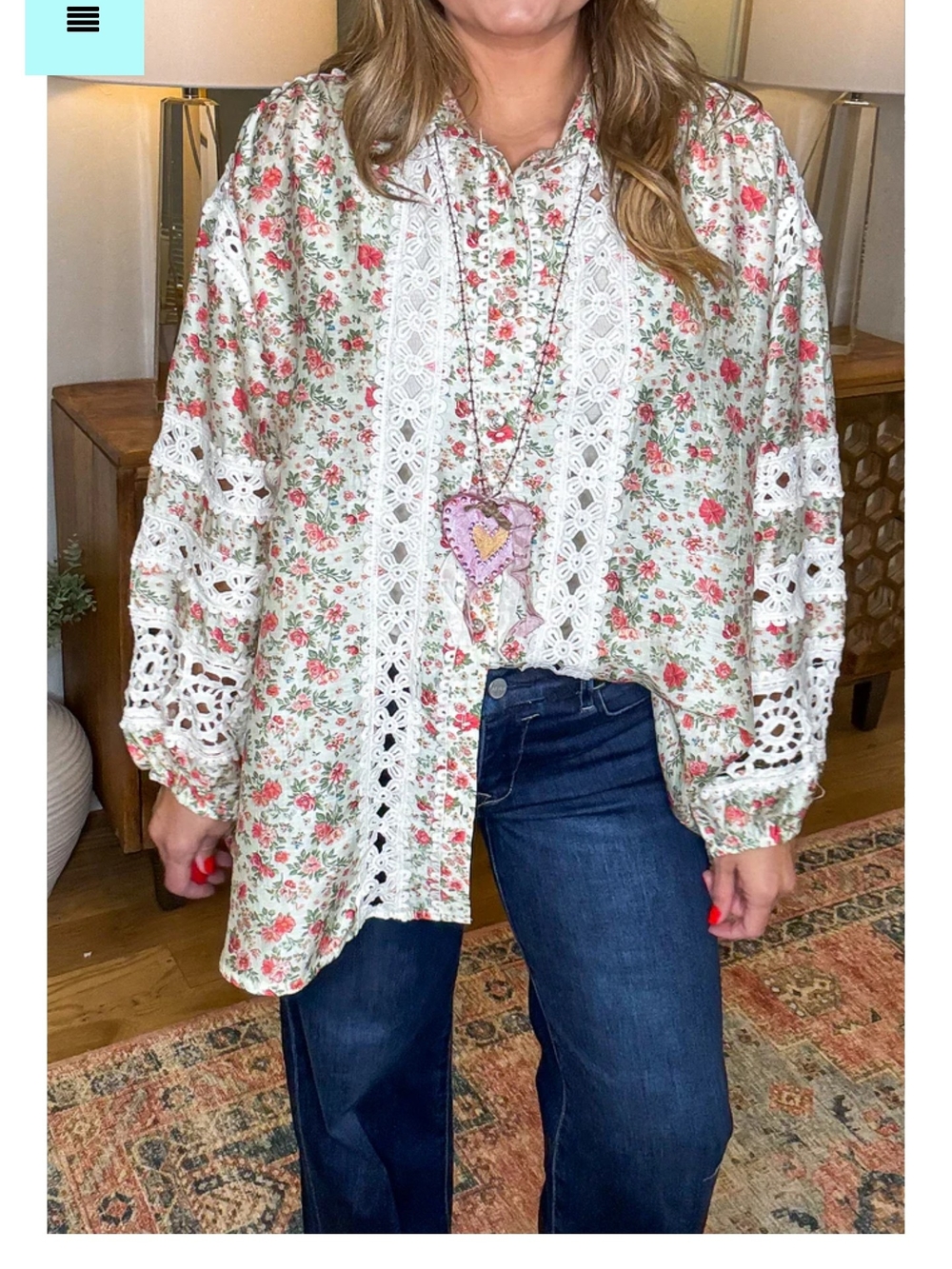 Floral Lace-Trim Button Front Blouse - White with Red & Green Floral